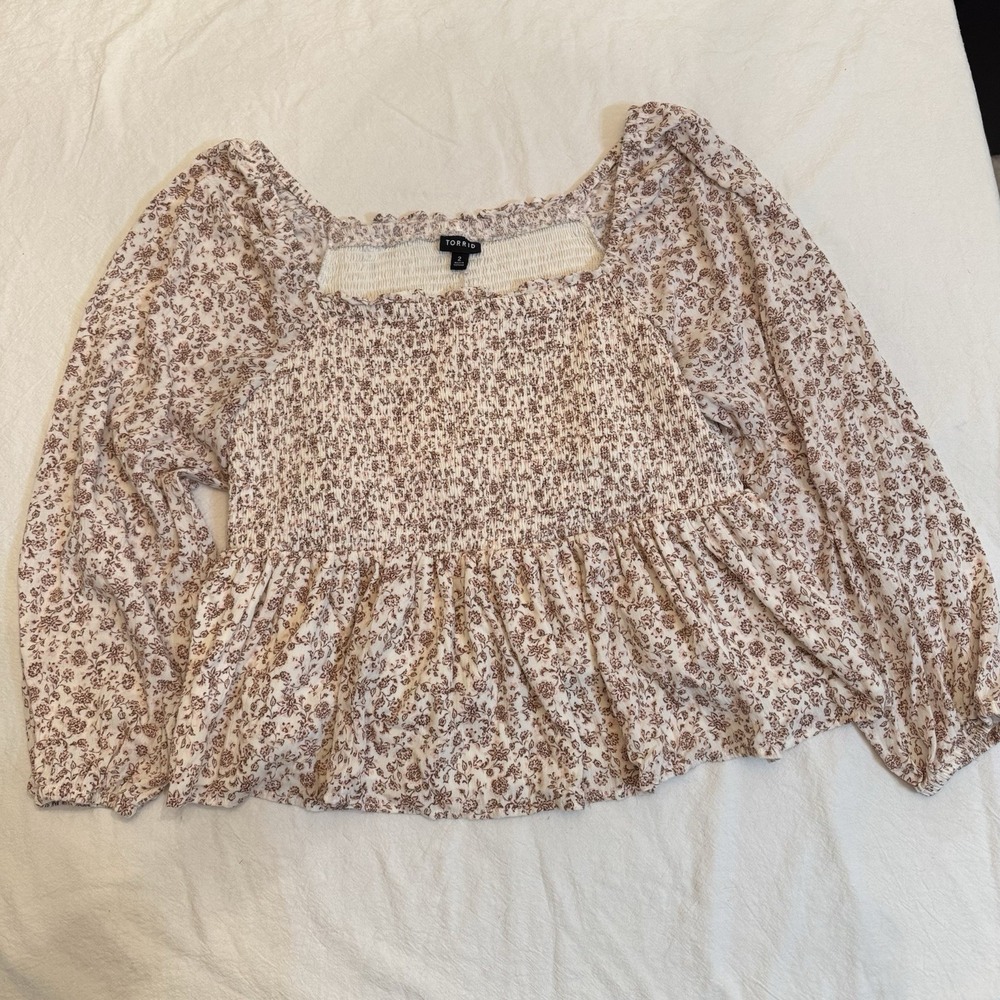 Torrid Top Womens Size 2 Plus 2X Floral Smocked Babydoll Blouse Cottagecore Boho
